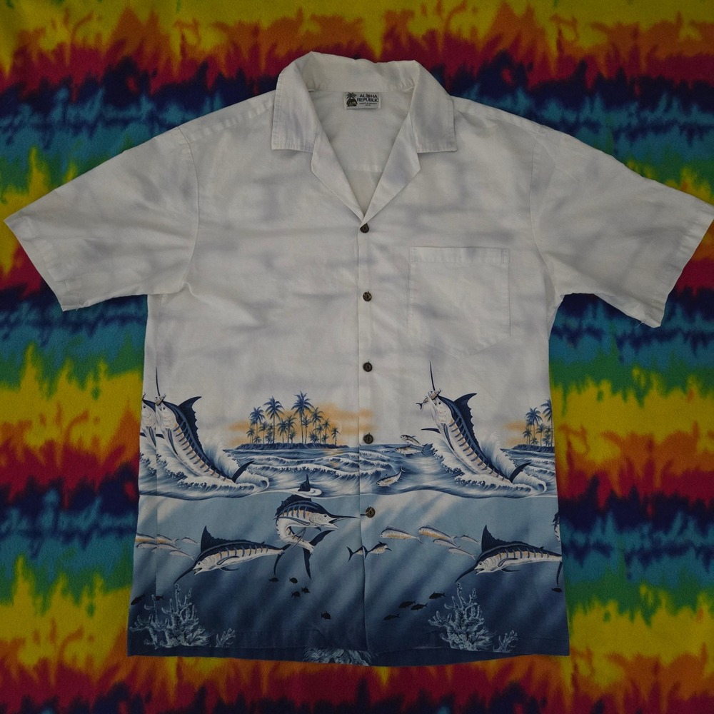 Aloha Republic Mens White Blue Marlin Fish Hawaiian Shirt Made in Hawaii Large
